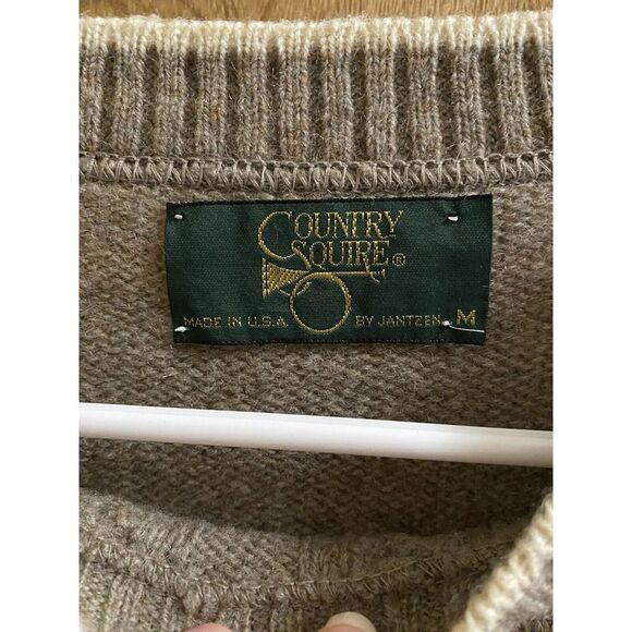 Vintage Country Squire By Jantzen Light Brown Wool Sweater Blue Argyle Print M - Picture 2 of 12